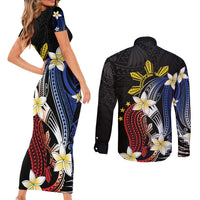 Personalized Philippines Tribal Couples Matching Short Sleeve Bodycon Dress and Long Sleeve Button Shirt Tropical Waves - Plumeria LT7 - Polynesian Pride