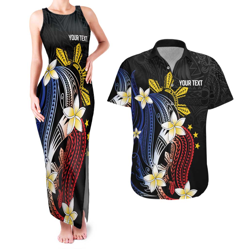 Personalized Philippines Tribal Couples Matching Tank Maxi Dress and Hawaiian Shirt Tropical Waves - Plumeria LT7 Black - Polynesian Pride