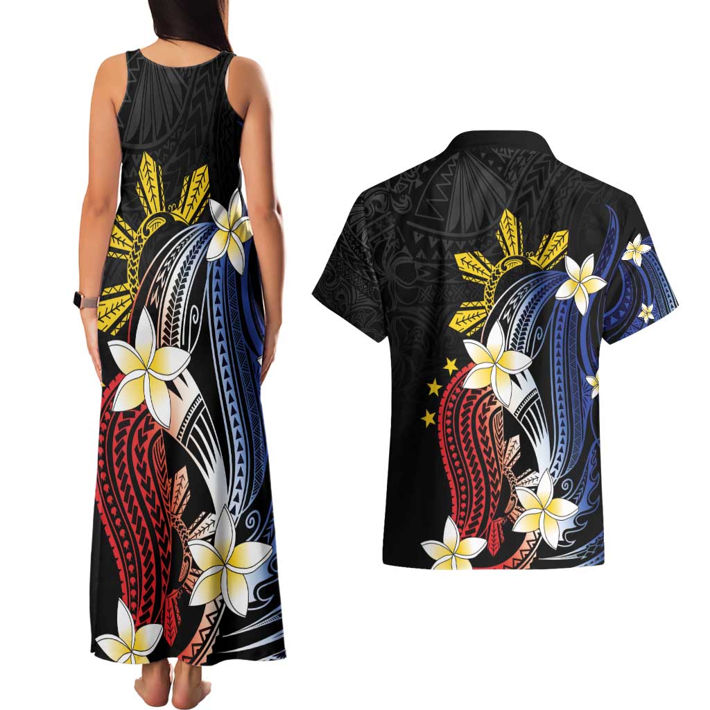 Personalized Philippines Tribal Couples Matching Tank Maxi Dress and Hawaiian Shirt Tropical Waves - Plumeria LT7 - Polynesian Pride