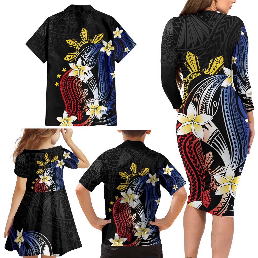 Personalized Philippines Tribal Family Matching Long Sleeve Bodycon Dress and Hawaiian Shirt Tropical Waves - Plumeria LT7 - Polynesian Pride