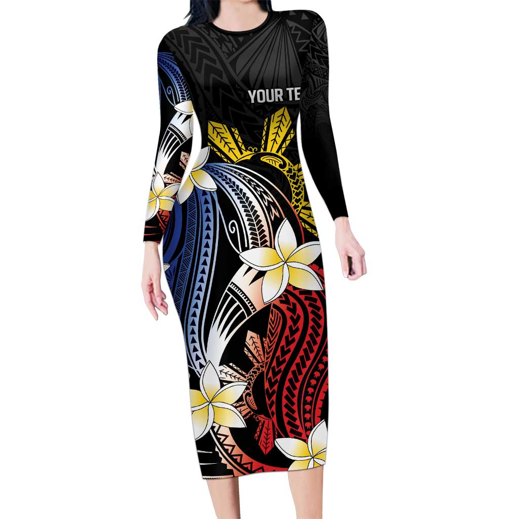Personalized Philippines Tribal Family Matching Long Sleeve Bodycon Dress and Hawaiian Shirt Tropical Waves - Plumeria LT7 Mom's Dress Black - Polynesian Pride