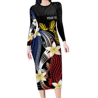 Personalized Philippines Tribal Family Matching Long Sleeve Bodycon Dress and Hawaiian Shirt Tropical Waves - Plumeria LT7 Mom's Dress Black - Polynesian Pride