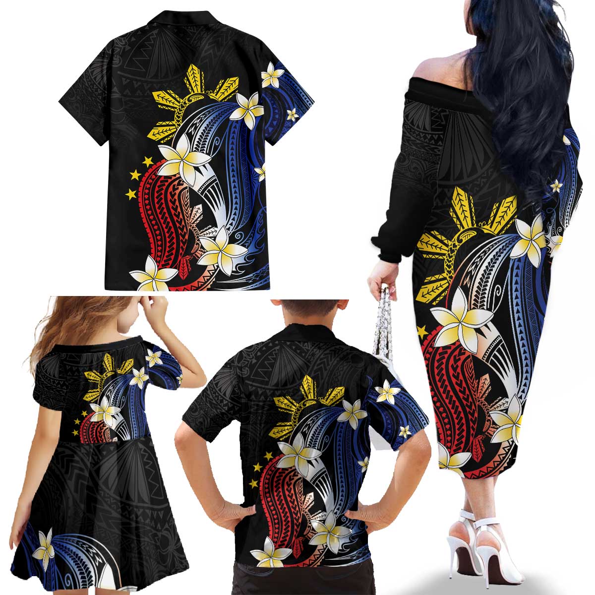 Personalized Philippines Tribal Family Matching Off The Shoulder Long Sleeve Dress and Hawaiian Shirt Tropical Waves - Plumeria LT7 - Polynesian Pride
