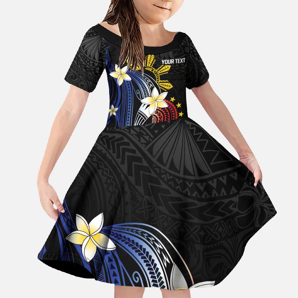 Personalized Philippines Tribal Family Matching Off Shoulder Maxi Dress and Hawaiian Shirt Tropical Waves - Plumeria LT7 Daughter's Dress Black - Polynesian Pride