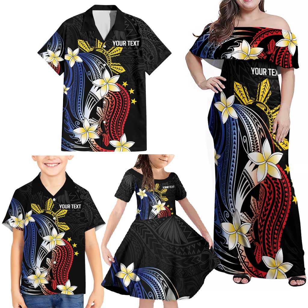 Personalized Philippines Tribal Family Matching Off Shoulder Maxi Dress and Hawaiian Shirt Tropical Waves - Plumeria LT7 - Polynesian Pride