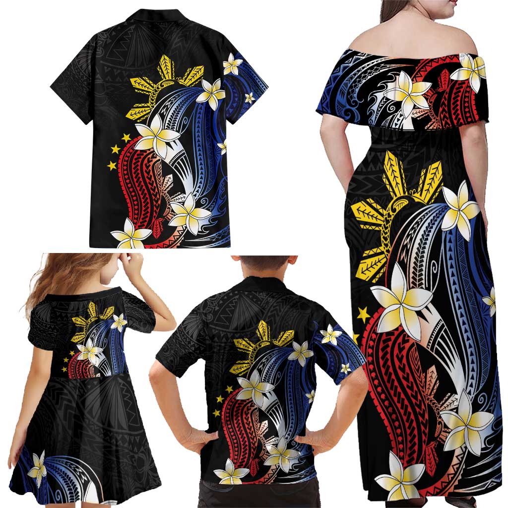Personalized Philippines Tribal Family Matching Off Shoulder Maxi Dress and Hawaiian Shirt Tropical Waves - Plumeria LT7 - Polynesian Pride