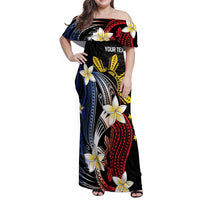 Personalized Philippines Tribal Family Matching Off Shoulder Maxi Dress and Hawaiian Shirt Tropical Waves - Plumeria LT7 Mom's Dress Black - Polynesian Pride