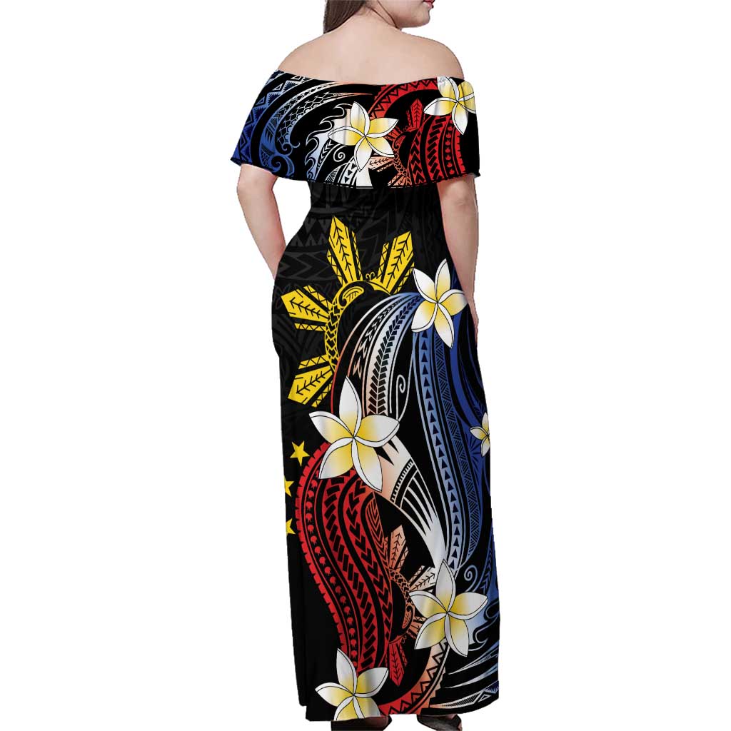 Personalized Philippines Tribal Family Matching Off Shoulder Maxi Dress and Hawaiian Shirt Tropical Waves - Plumeria LT7 - Polynesian Pride