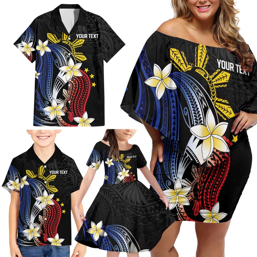 Personalized Philippines Tribal Family Matching Off Shoulder Short Dress and Hawaiian Shirt Tropical Waves - Plumeria LT7 - Polynesian Pride