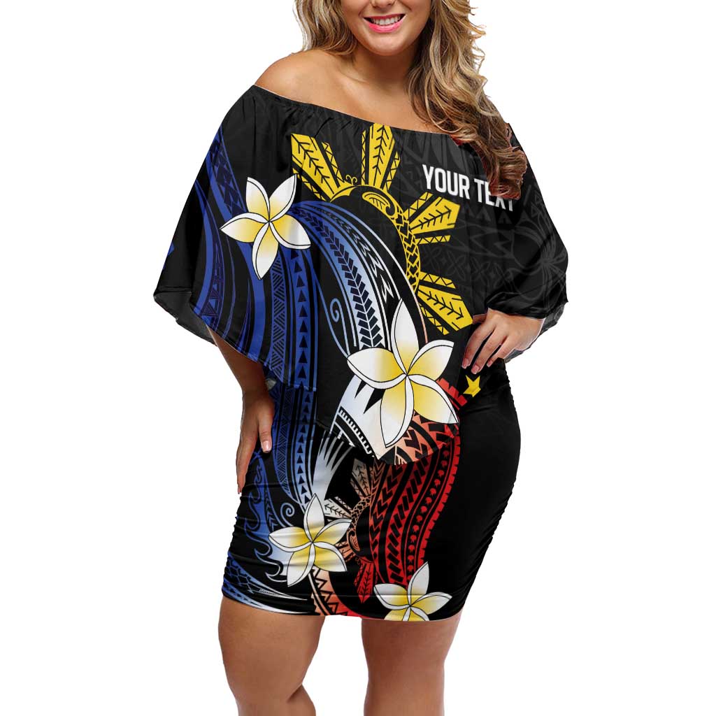 Personalized Philippines Tribal Family Matching Off Shoulder Short Dress and Hawaiian Shirt Tropical Waves - Plumeria LT7 Mom's Dress Black - Polynesian Pride