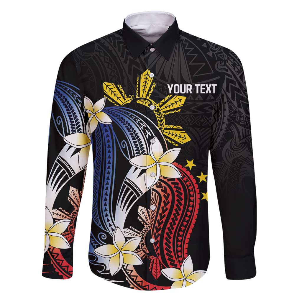 Personalized Philippines Tribal Family Matching Puletasi and Hawaiian Shirt Tropical Waves - Plumeria LT7 Dad's Shirt - Long Sleeve Black - Polynesian Pride