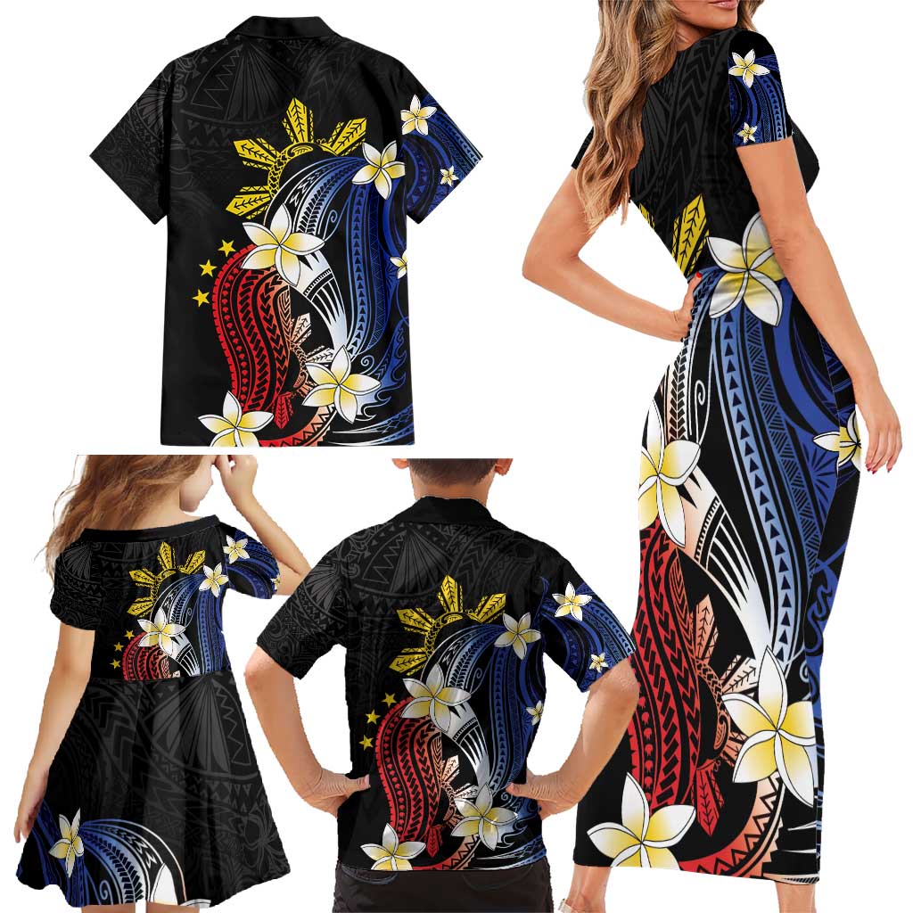Personalized Philippines Tribal Family Matching Short Sleeve Bodycon Dress and Hawaiian Shirt Tropical Waves - Plumeria LT7 - Polynesian Pride