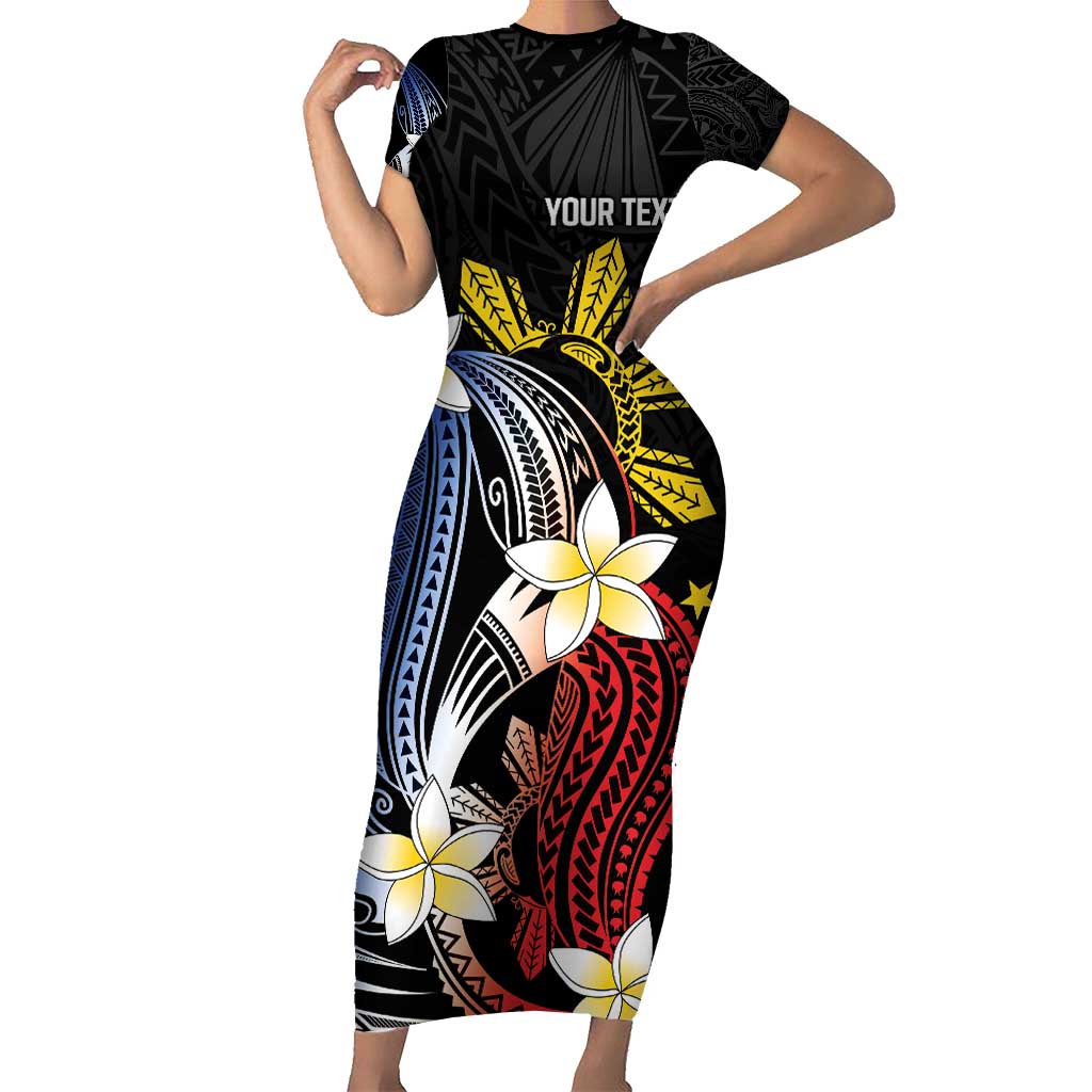 Personalized Philippines Tribal Family Matching Short Sleeve Bodycon Dress and Hawaiian Shirt Tropical Waves - Plumeria LT7 Mom's Dress Black - Polynesian Pride