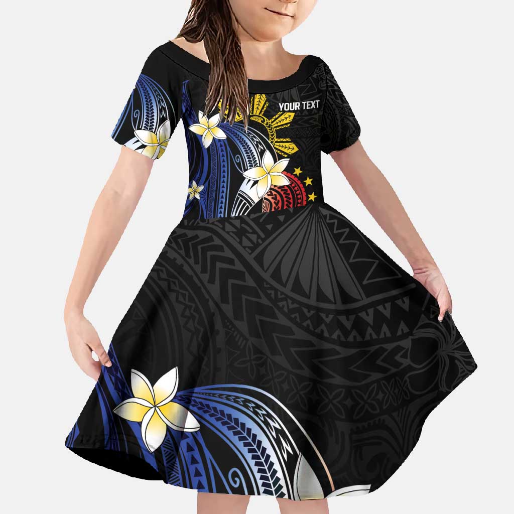 Personalized Philippines Tribal Family Matching Summer Maxi Dress and Hawaiian Shirt Tropical Waves - Plumeria LT7 Daughter's Dress Black - Polynesian Pride