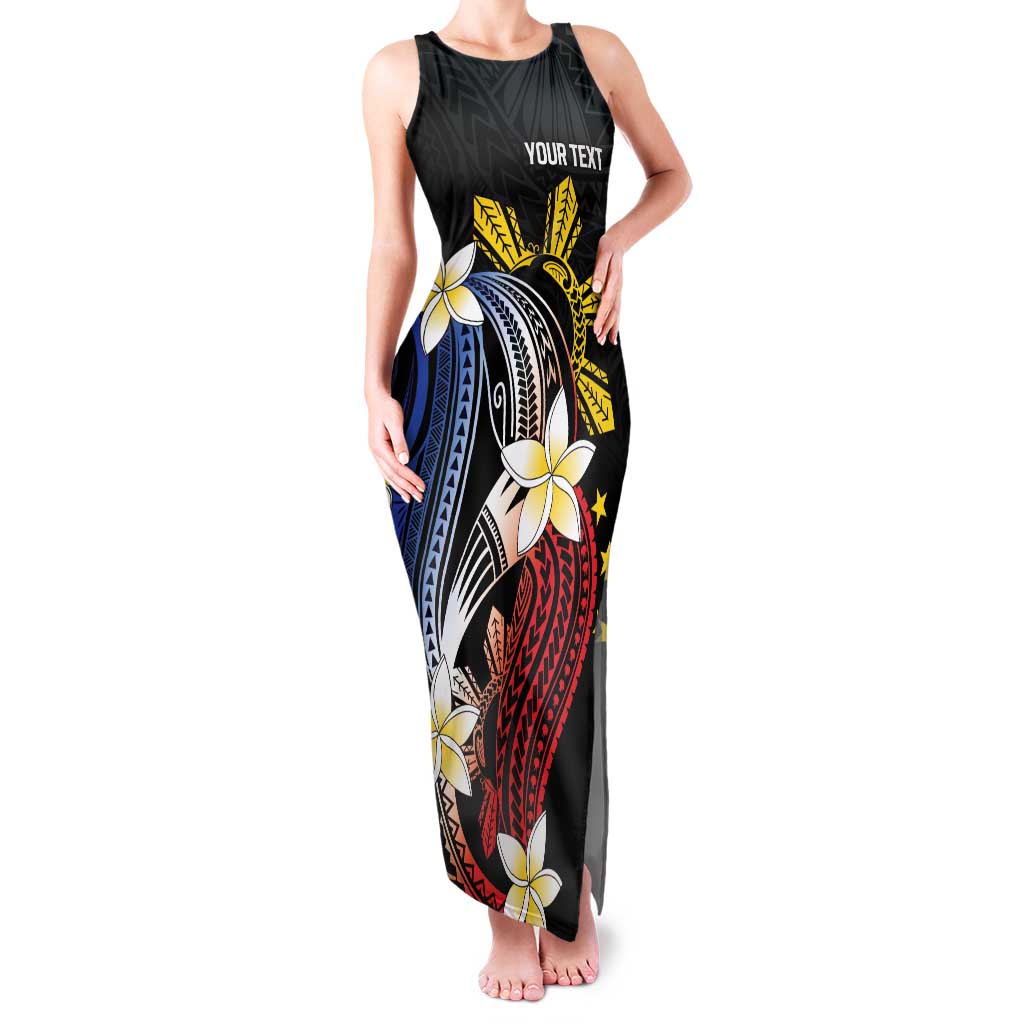 Personalized Philippines Tribal Family Matching Tank Maxi Dress and Hawaiian Shirt Tropical Waves - Plumeria LT7 Mom's Dress Black - Polynesian Pride