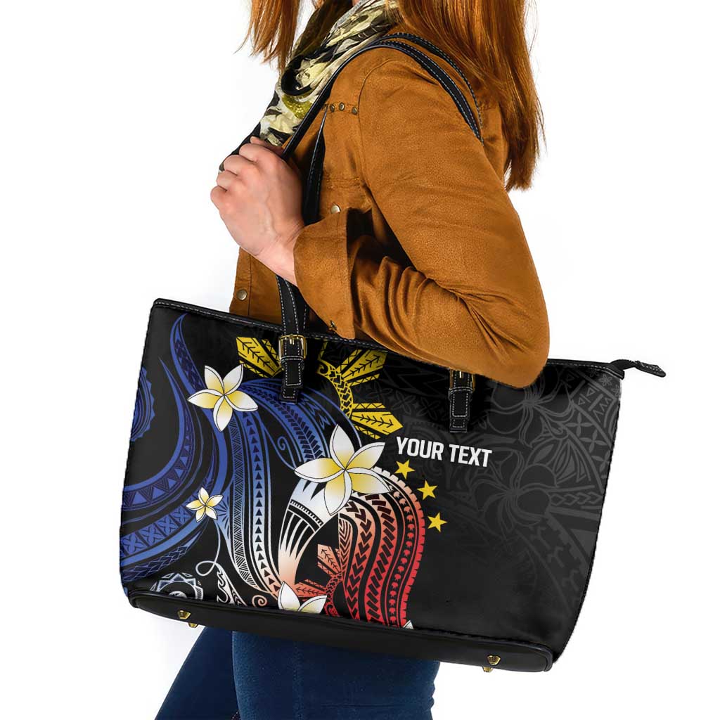 Personalized Philippines Tribal Leather Tote Bag Tropical Waves - Plumeria LT7 Black - Polynesian Pride