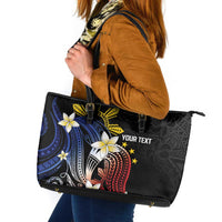 Personalized Philippines Tribal Leather Tote Bag Tropical Waves - Plumeria LT7 Black - Polynesian Pride