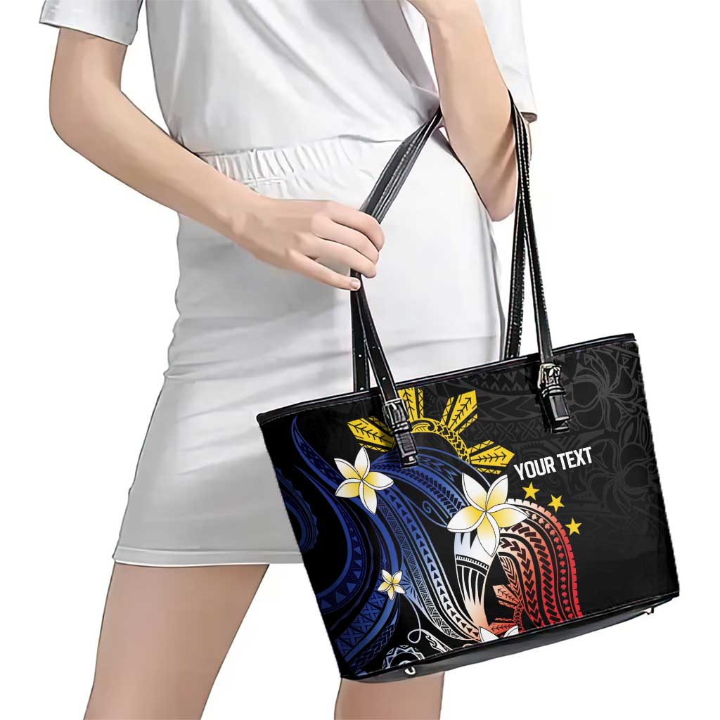 Personalized Philippines Tribal Leather Tote Bag Tropical Waves - Plumeria LT7 - Polynesian Pride