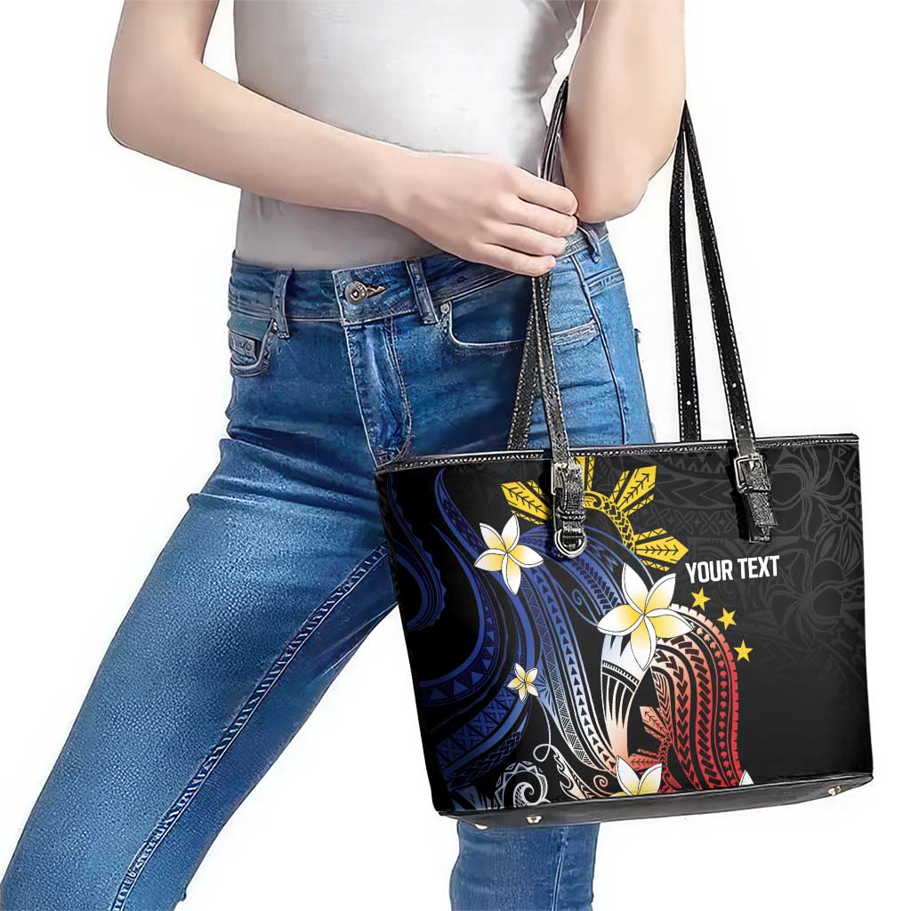 Personalized Philippines Tribal Leather Tote Bag Tropical Waves - Plumeria LT7 - Polynesian Pride