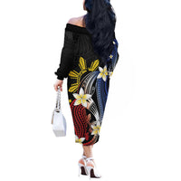 Personalized Philippines Tribal Off The Shoulder Long Sleeve Dress Tropical Waves - Plumeria