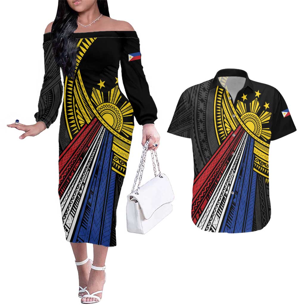 Philippines Sun Couples Matching Off The Shoulder Long Sleeve Dress and Hawaiian Shirt Pasifika Tribal Style LT7 Black - Polynesian Pride