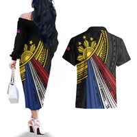 Philippines Sun Couples Matching Off The Shoulder Long Sleeve Dress and Hawaiian Shirt Pasifika Tribal Style LT7 - Polynesian Pride