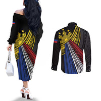 Philippines Sun Couples Matching Off The Shoulder Long Sleeve Dress and Long Sleeve Button Shirt Pasifika Tribal Style