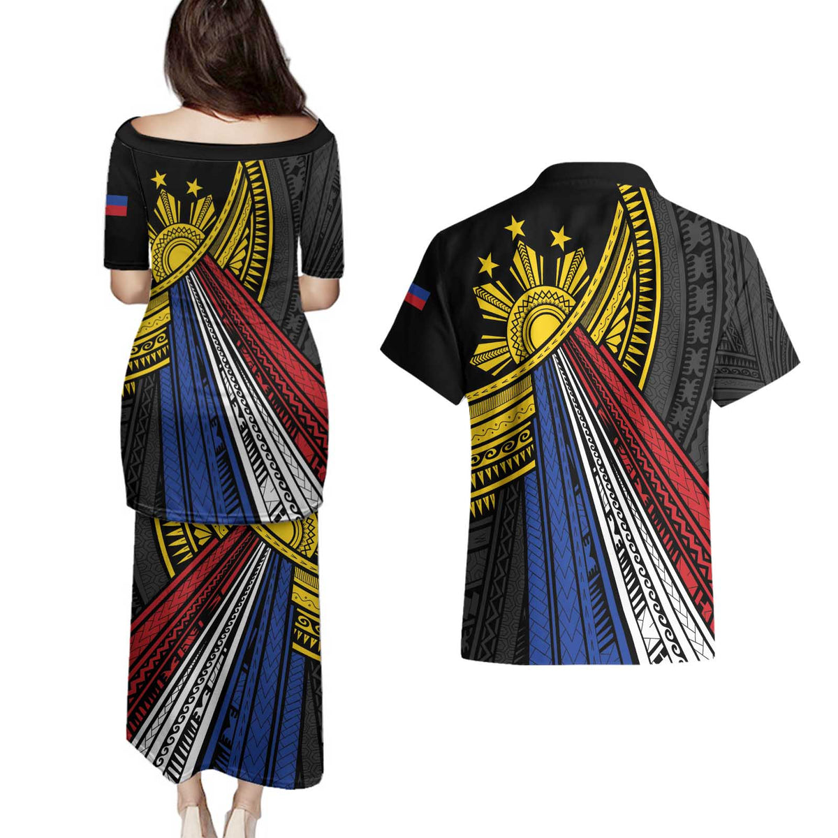 Philippines Sun Couples Matching Puletasi and Hawaiian Shirt Pasifika Tribal Style