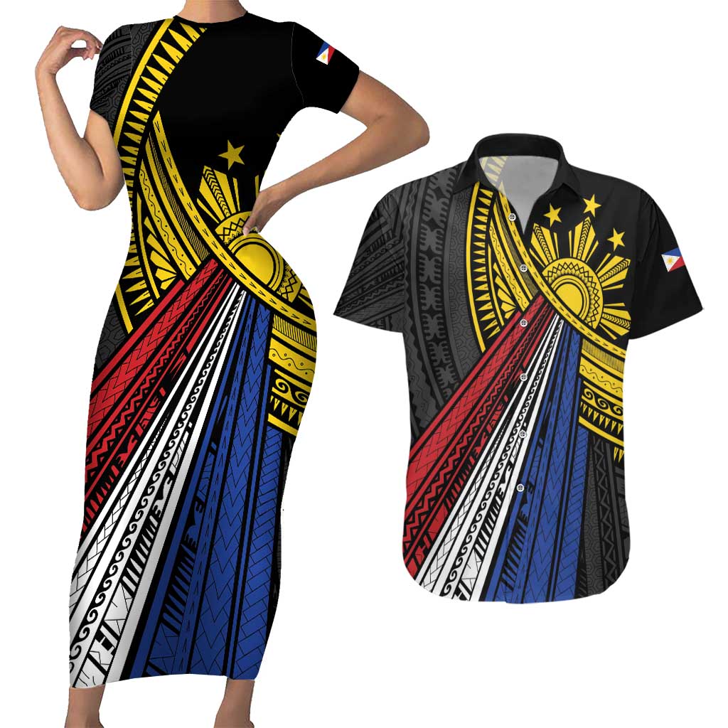 Philippines Sun Couples Matching Short Sleeve Bodycon Dress and Hawaiian Shirt Pasifika Tribal Style LT7 Black - Polynesian Pride