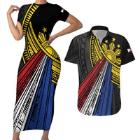 Philippines Sun Couples Matching Short Sleeve Bodycon Dress and Hawaiian Shirt Pasifika Tribal Style LT7 Black - Polynesian Pride