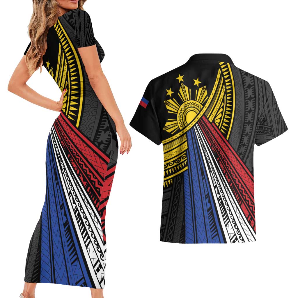 Philippines Sun Couples Matching Short Sleeve Bodycon Dress and Hawaiian Shirt Pasifika Tribal Style LT7 - Polynesian Pride