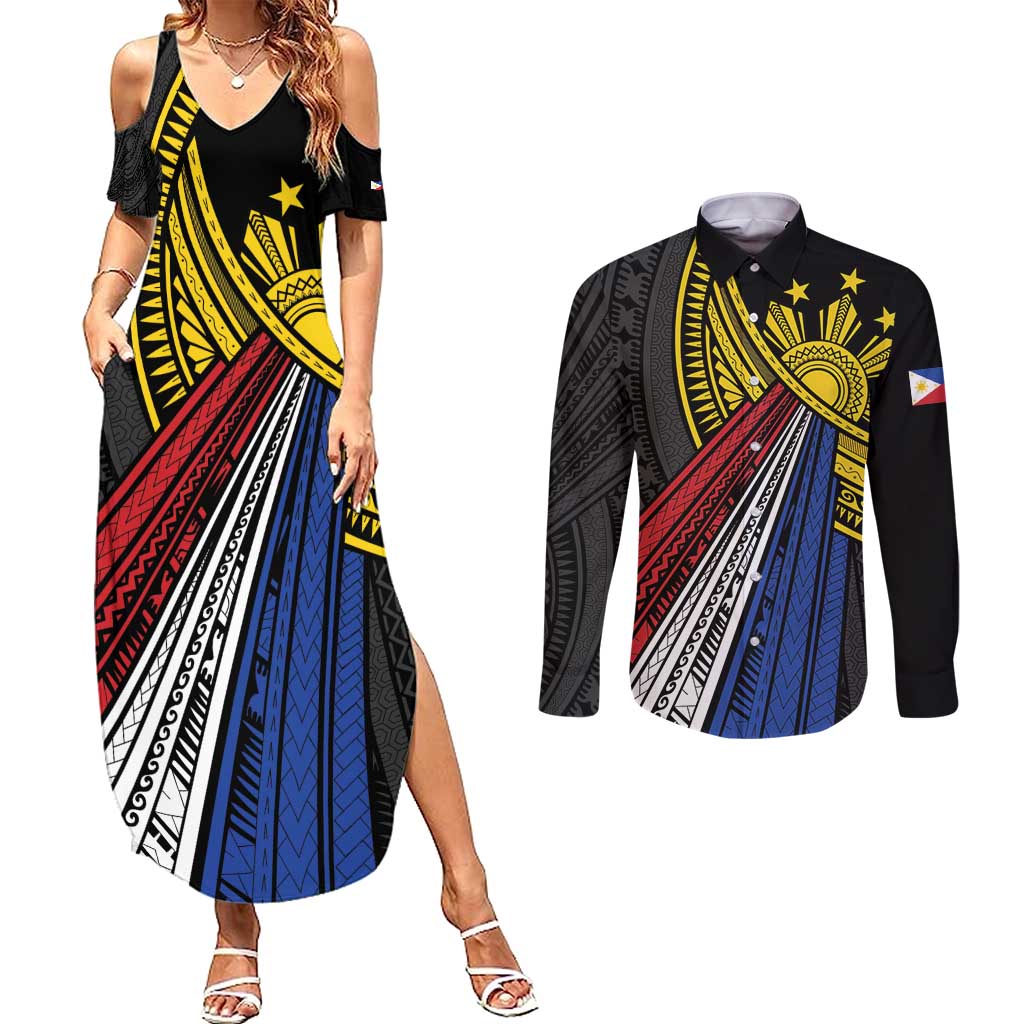 Philippines Sun Couples Matching Summer Maxi Dress and Long Sleeve Button Shirt Pasifika Tribal Style LT7 Black - Polynesian Pride