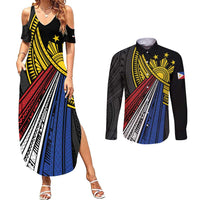 Philippines Sun Couples Matching Summer Maxi Dress and Long Sleeve Button Shirt Pasifika Tribal Style LT7 Black - Polynesian Pride
