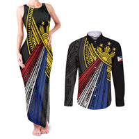 Philippines Sun Couples Matching Tank Maxi Dress and Long Sleeve Button Shirt Pasifika Tribal Style LT7 Black - Polynesian Pride