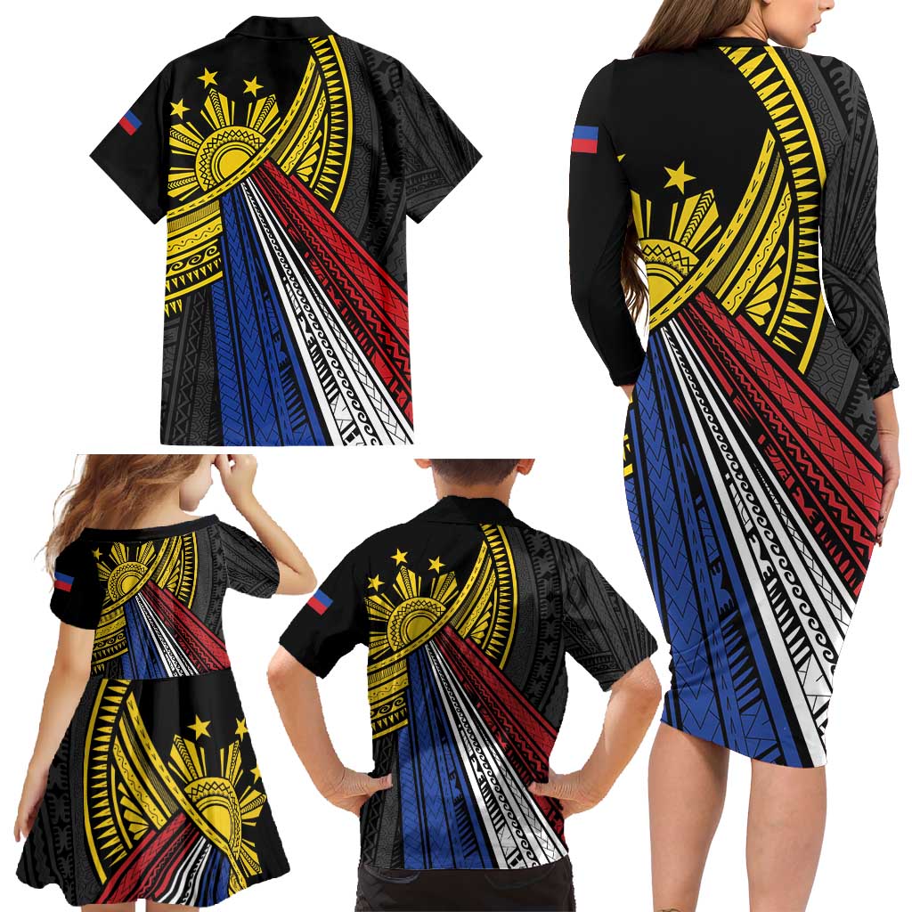 Philippines Sun Family Matching Long Sleeve Bodycon Dress and Hawaiian Shirt Pasifika Tribal Style LT7 - Polynesian Pride