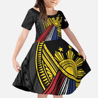 Philippines Sun Family Matching Mermaid Dress and Hawaiian Shirt Pasifika Tribal Style LT7 Daughter's Dress Black - Polynesian Pride