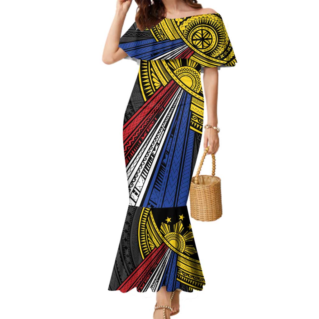Philippines Sun Family Matching Mermaid Dress and Hawaiian Shirt Pasifika Tribal Style LT7 Mom's Dress Black - Polynesian Pride