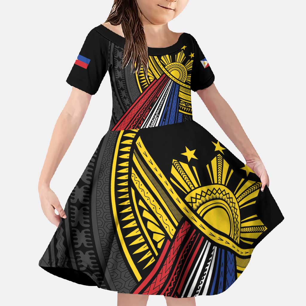 Philippines Sun Family Matching Off Shoulder Maxi Dress and Hawaiian Shirt Pasifika Tribal Style LT7 Daughter's Dress Black - Polynesian Pride