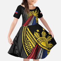 Philippines Sun Family Matching Off Shoulder Maxi Dress and Hawaiian Shirt Pasifika Tribal Style LT7 Daughter's Dress Black - Polynesian Pride