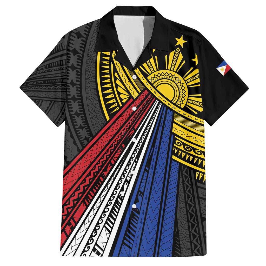 Philippines Sun Family Matching Off Shoulder Maxi Dress and Hawaiian Shirt Pasifika Tribal Style LT7 Dad's Shirt - Short Sleeve Black - Polynesian Pride