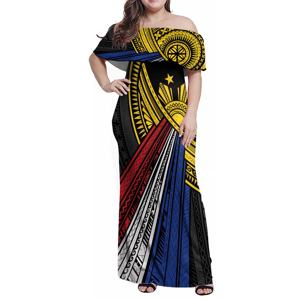 Philippines Sun Family Matching Off Shoulder Maxi Dress and Hawaiian Shirt Pasifika Tribal Style LT7 Mom's Dress Black - Polynesian Pride