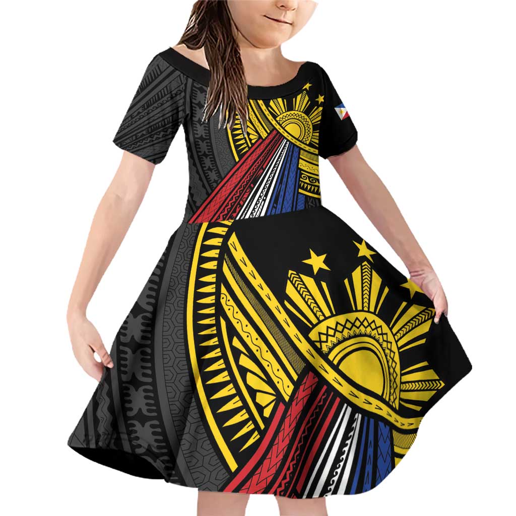Philippines Sun Family Matching Off Shoulder Short Dress and Hawaiian Shirt Pasifika Tribal Style LT7 Daughter's Dress Black - Polynesian Pride