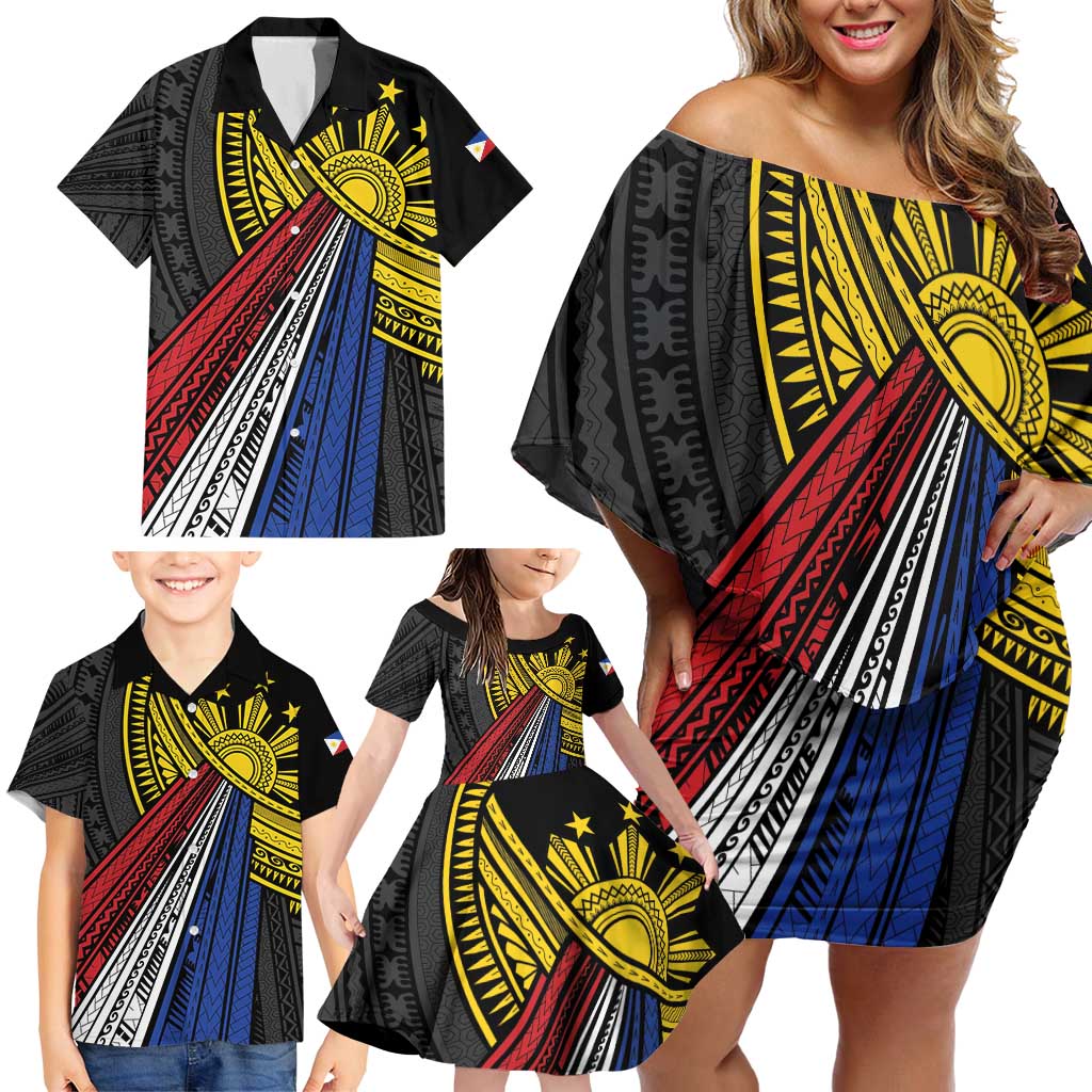 Philippines Sun Family Matching Off Shoulder Short Dress and Hawaiian Shirt Pasifika Tribal Style LT7 - Polynesian Pride