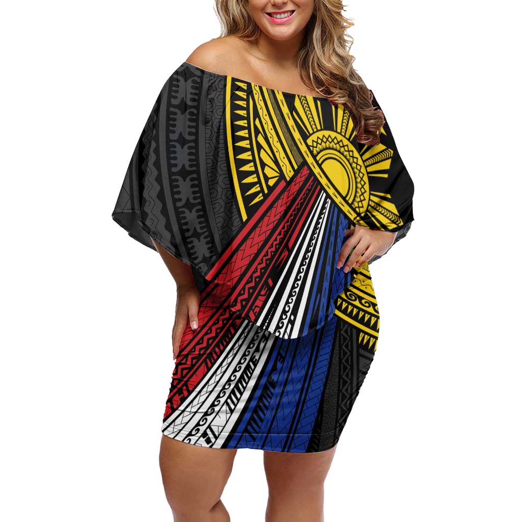 Philippines Sun Family Matching Off Shoulder Short Dress and Hawaiian Shirt Pasifika Tribal Style LT7 Mom's Dress Black - Polynesian Pride