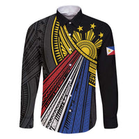 Philippines Sun Family Matching Puletasi and Hawaiian Shirt Pasifika Tribal Style LT7 Dad's Shirt - Long Sleeve Black - Polynesian Pride