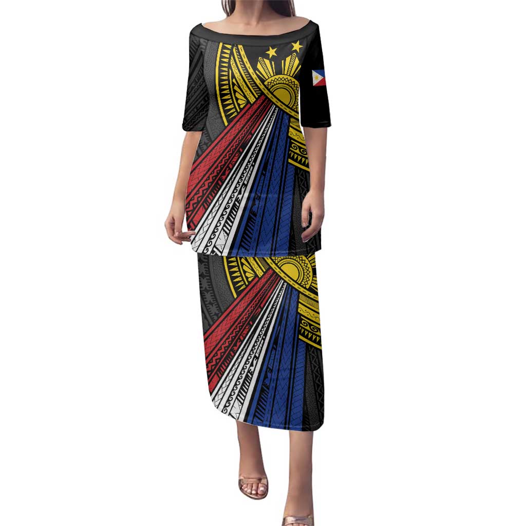 Philippines Sun Family Matching Puletasi and Hawaiian Shirt Pasifika Tribal Style LT7 Mom's Dress Black - Polynesian Pride