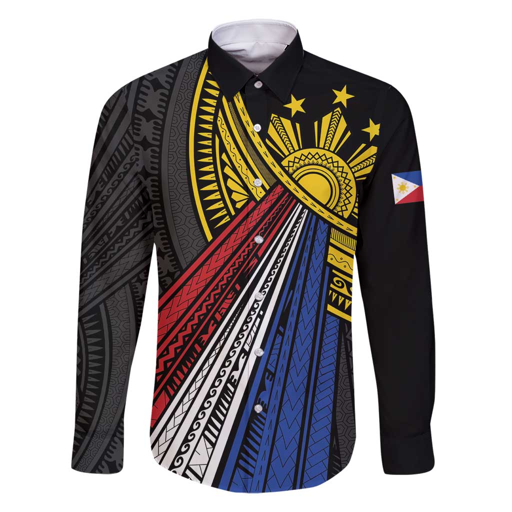 Philippines Sun Family Matching Summer Maxi Dress and Hawaiian Shirt Pasifika Tribal Style LT7 Dad's Shirt - Long Sleeve Black - Polynesian Pride