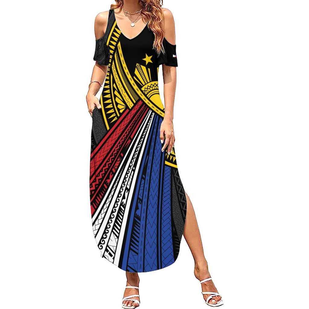 Philippines Sun Family Matching Summer Maxi Dress and Hawaiian Shirt Pasifika Tribal Style LT7 Mom's Dress Black - Polynesian Pride