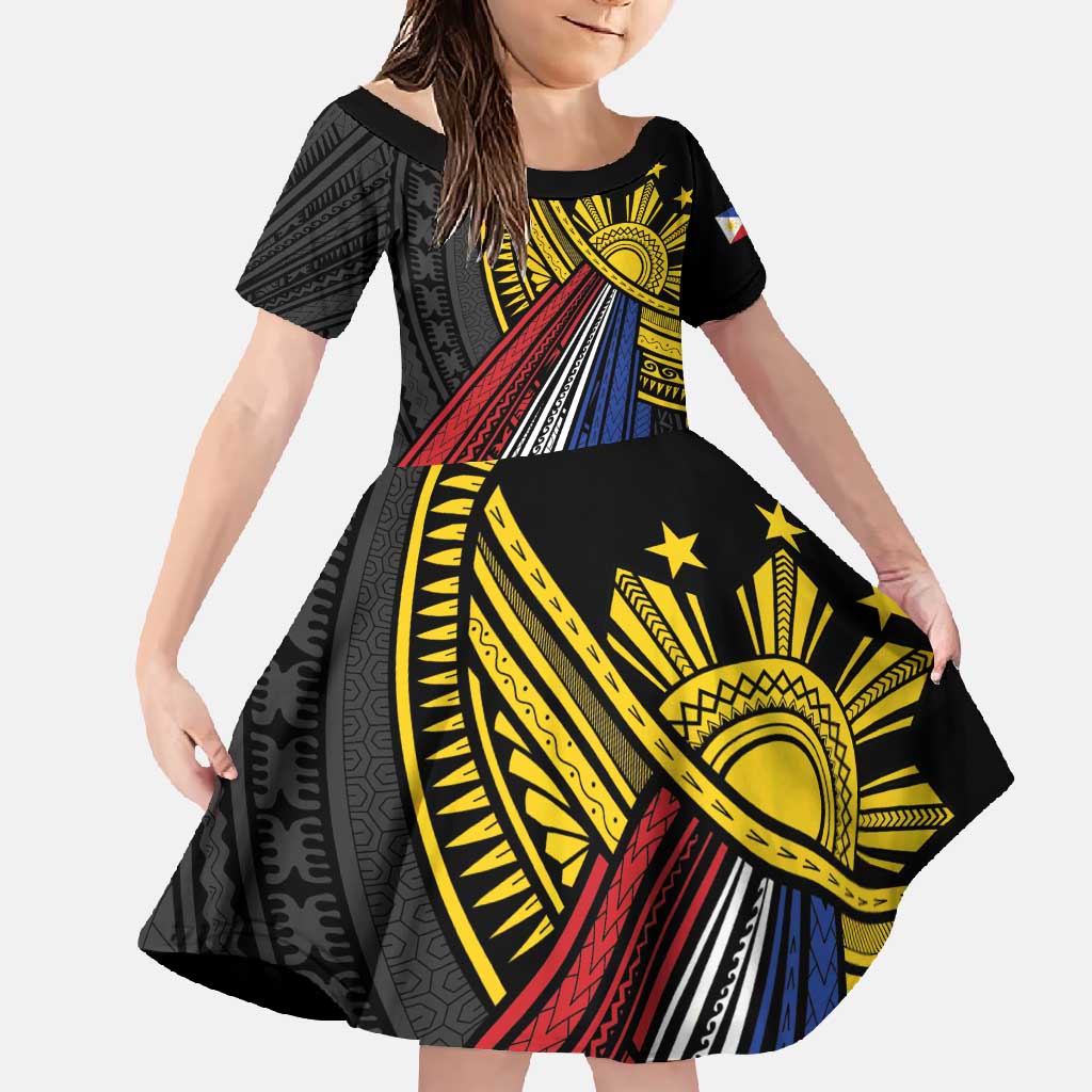 Philippines Sun Family Matching Tank Maxi Dress and Hawaiian Shirt Pasifika Tribal Style LT7 Daughter's Dress Black - Polynesian Pride