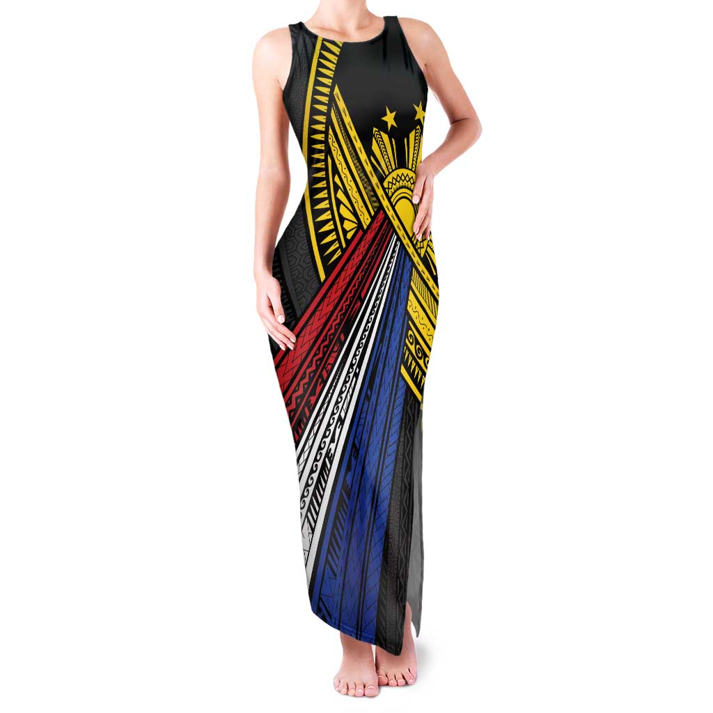 Philippines Sun Family Matching Tank Maxi Dress and Hawaiian Shirt Pasifika Tribal Style LT7 Mom's Dress Black - Polynesian Pride